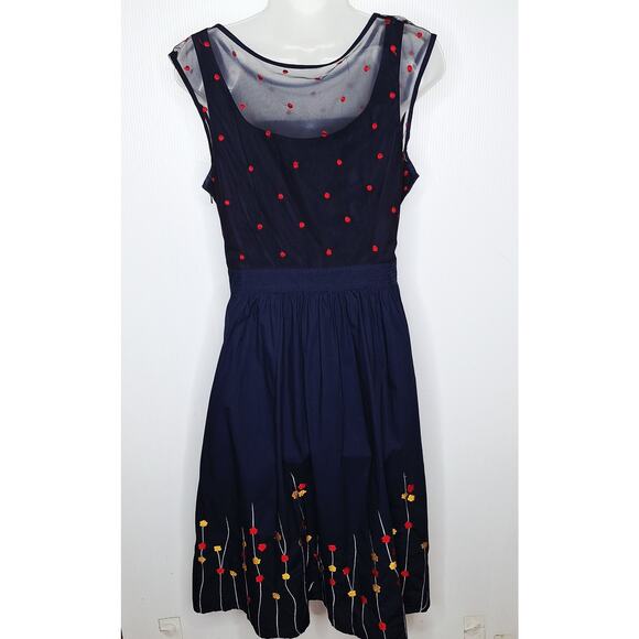 eShakti Embroidered Floral Party Dress Sheer Polka Dot Mesh Large 12 Fit Flare - Picture 10 of 11